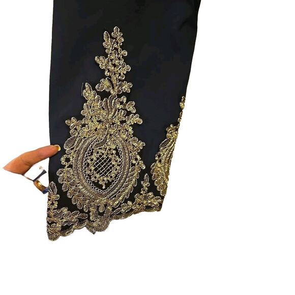 Abaya Gold Lace Embroidery Navy Blue Open Dress With Sash By Abetteric - Picture 2 of 5